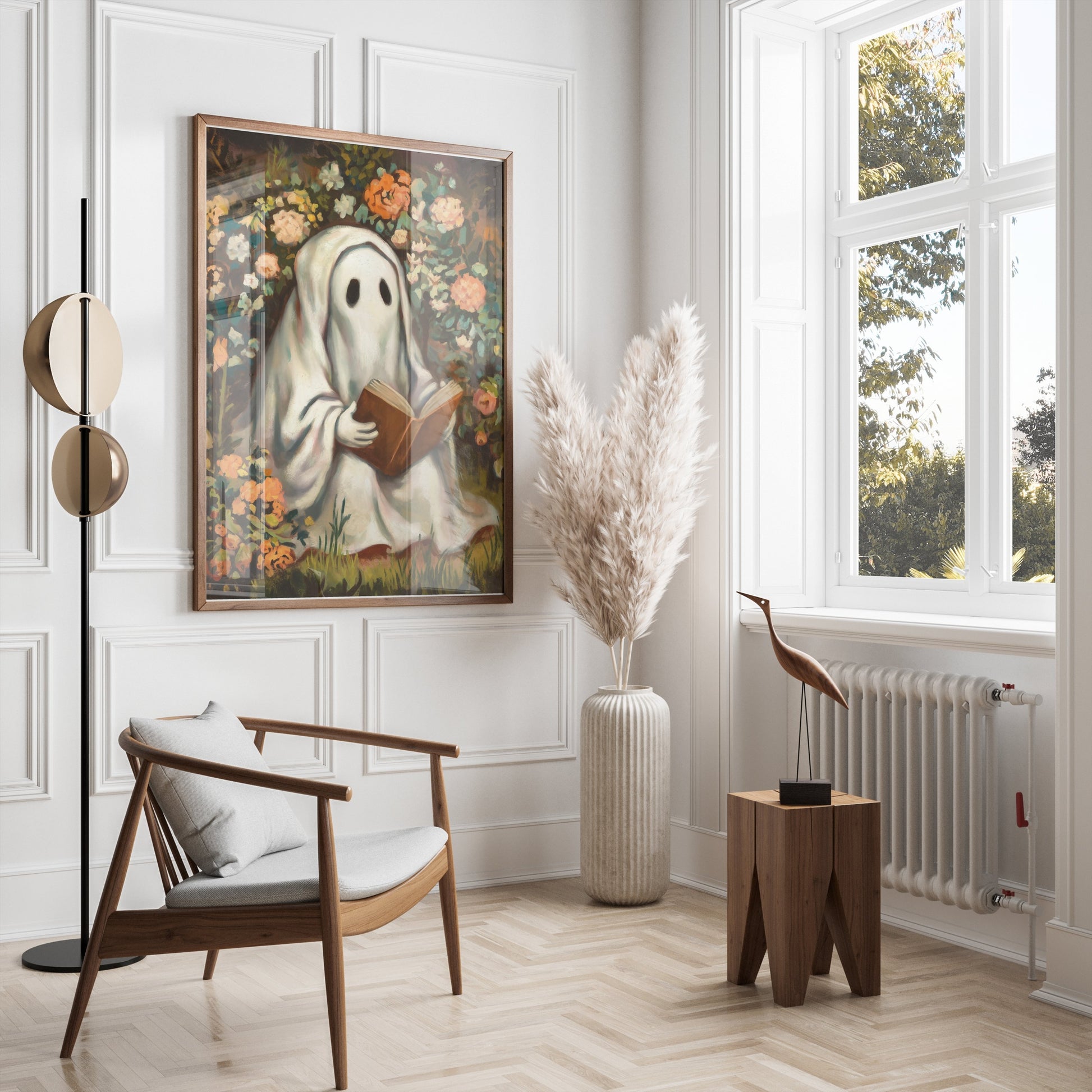 Premium Poster of Whimsical Ghost Reading Amidst Vibrant Garden Posters