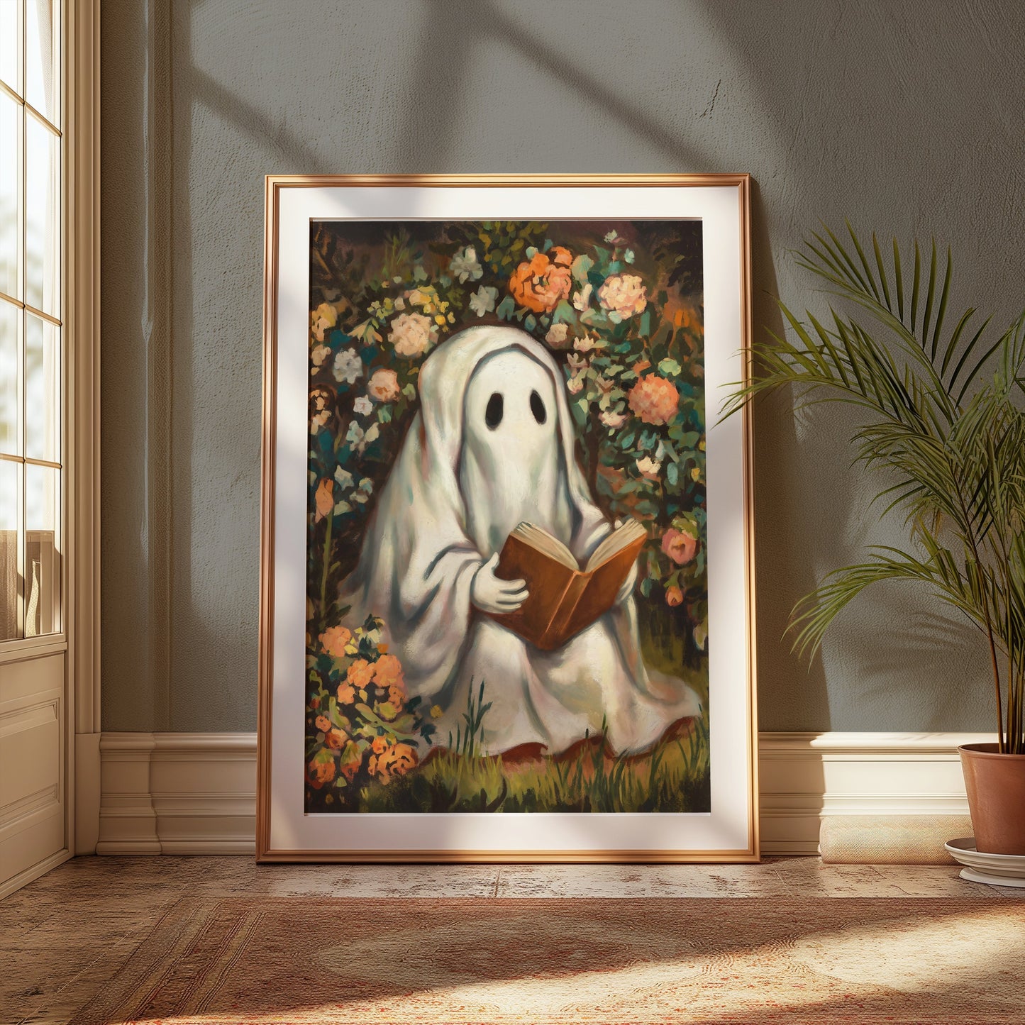 Premium Poster of Whimsical Ghost Reading Amidst Vibrant Garden Posters