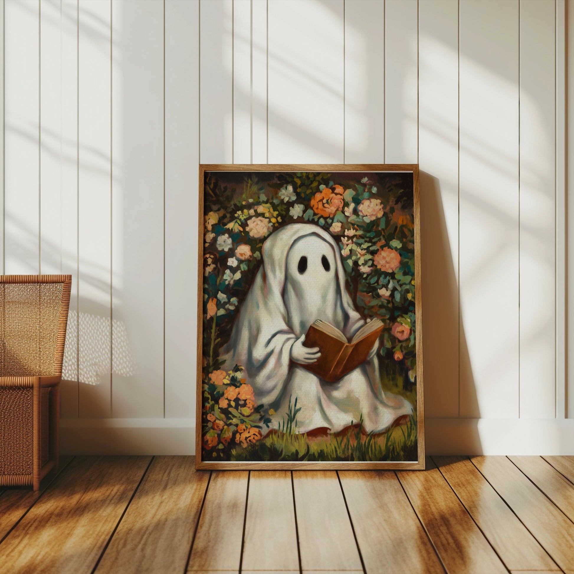 Premium Poster of Whimsical Ghost Reading Amidst Vibrant Garden Posters