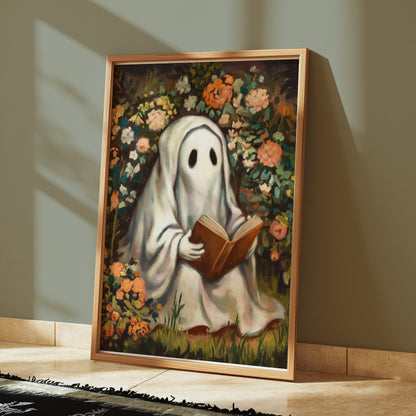 Premium Poster of Whimsical Ghost Reading Amidst Vibrant Garden Posters