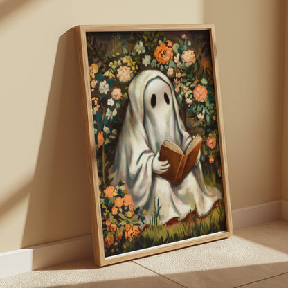 Premium Poster of Whimsical Ghost Reading Amidst Vibrant Garden Posters