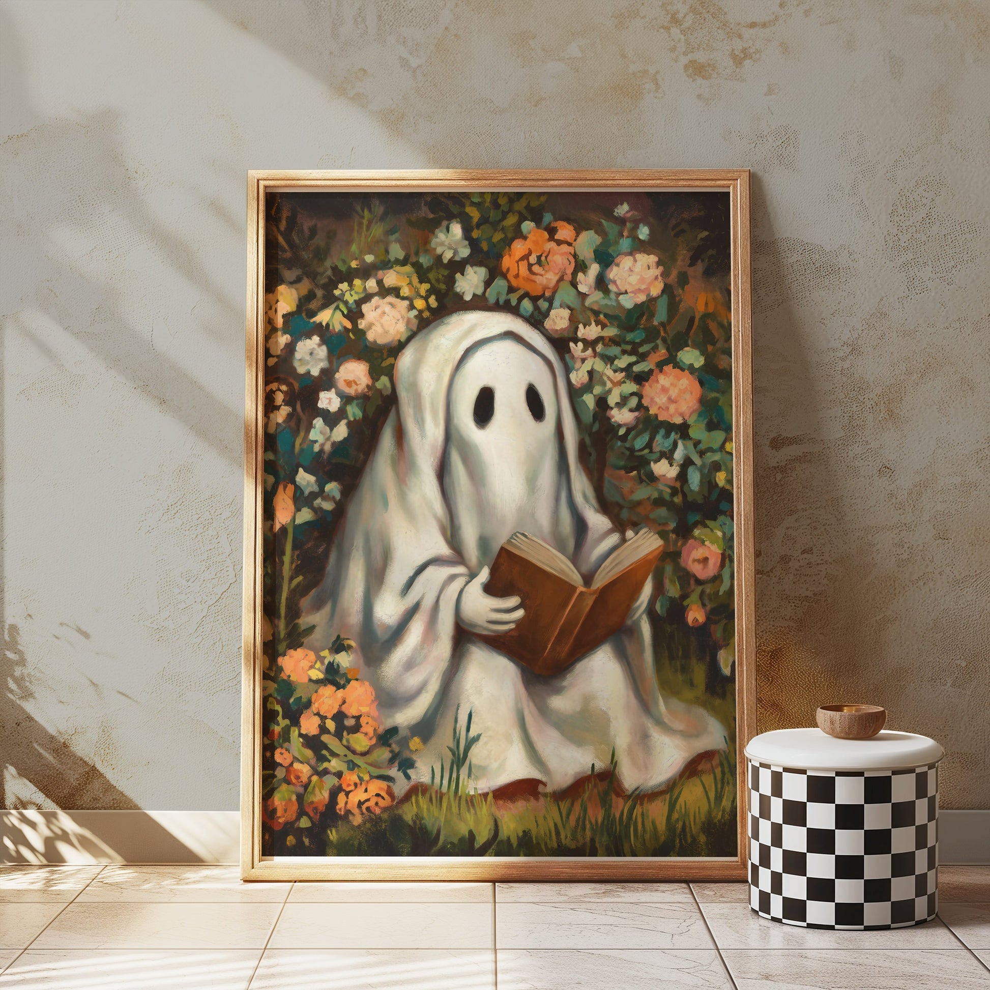 Premium Poster of Whimsical Ghost Reading Amidst Vibrant Garden Posters