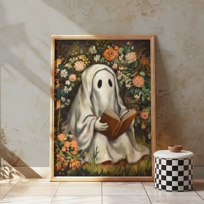 Premium Poster of Whimsical Ghost Reading Amidst Vibrant Garden Posters