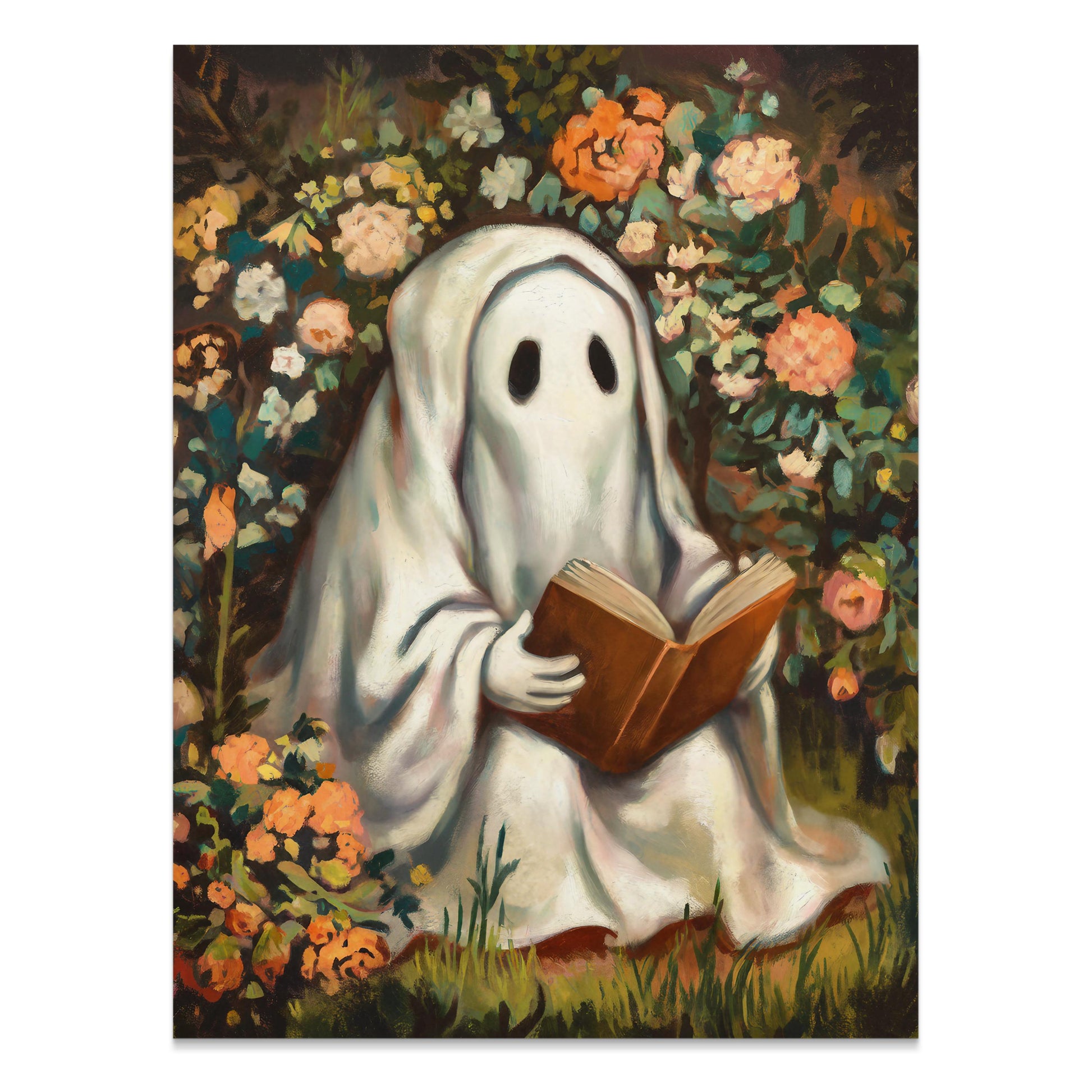 Premium Poster of Whimsical Ghost Reading Amidst Vibrant Garden Posters