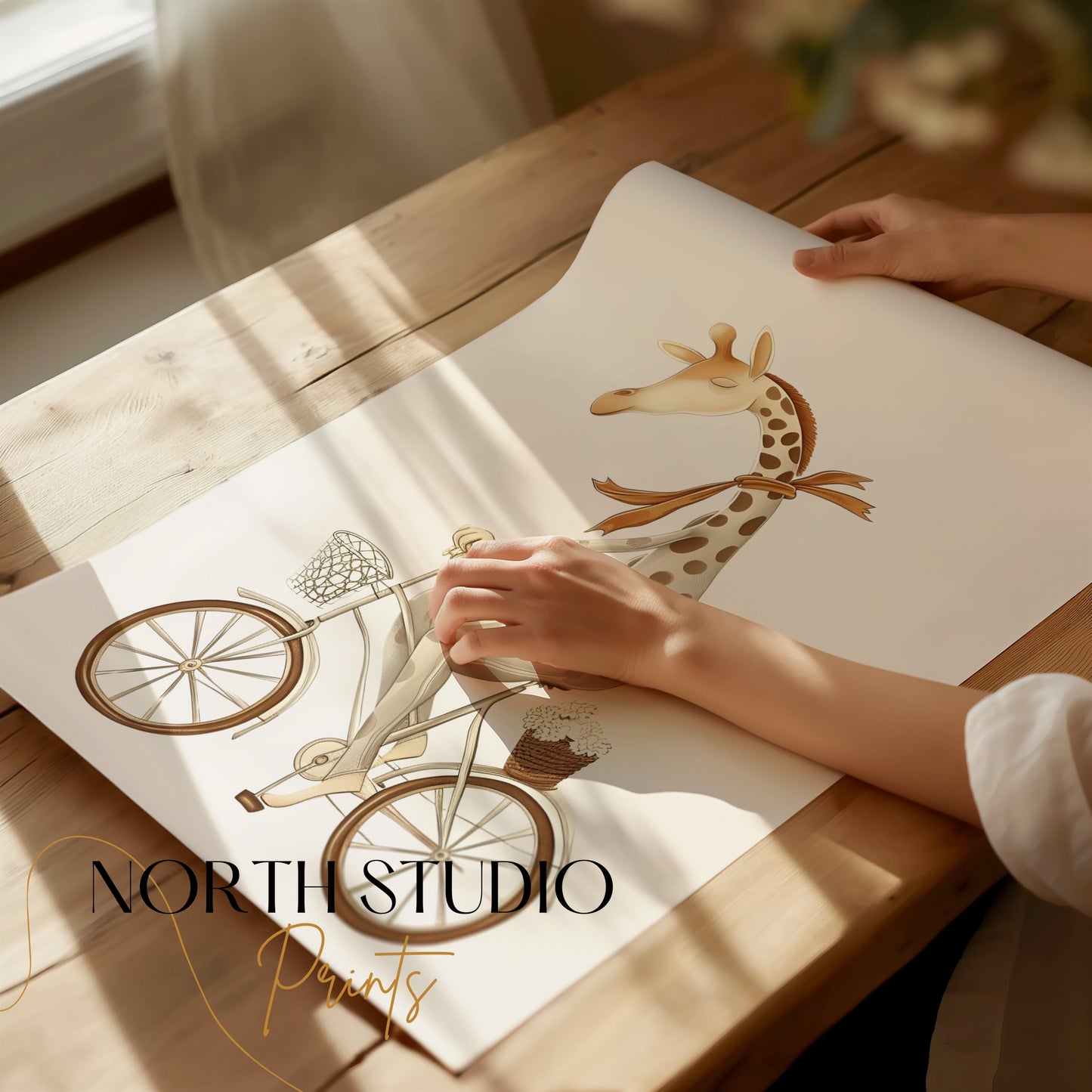 Premium Poster of Whimsical Giraffe Riding Bicycle Art Illustration Posters