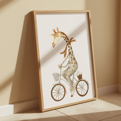 Premium Poster of Whimsical Giraffe Riding Bicycle Art Illustration Posters