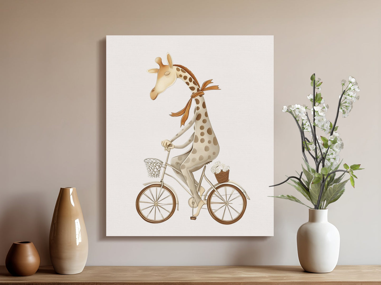 Premium Poster of Whimsical Giraffe on Bicycle Nursery Wall Art Canvas Wraps