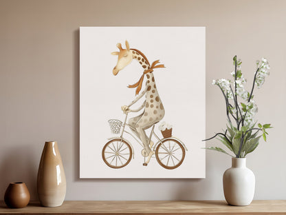 Premium Poster of Whimsical Giraffe on Bicycle Nursery Wall Art Canvas Wraps