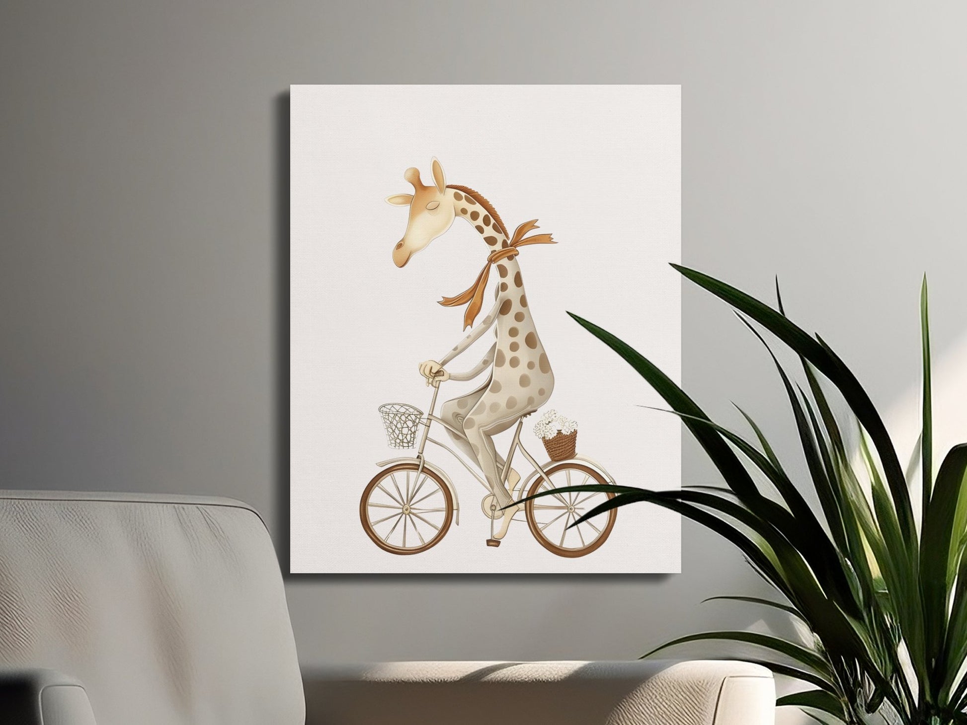 Premium Poster of Whimsical Giraffe on Bicycle Nursery Wall Art Canvas Wraps