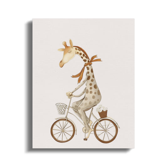 Premium Poster of Whimsical Giraffe on Bicycle Nursery Wall Art Canvas Wraps