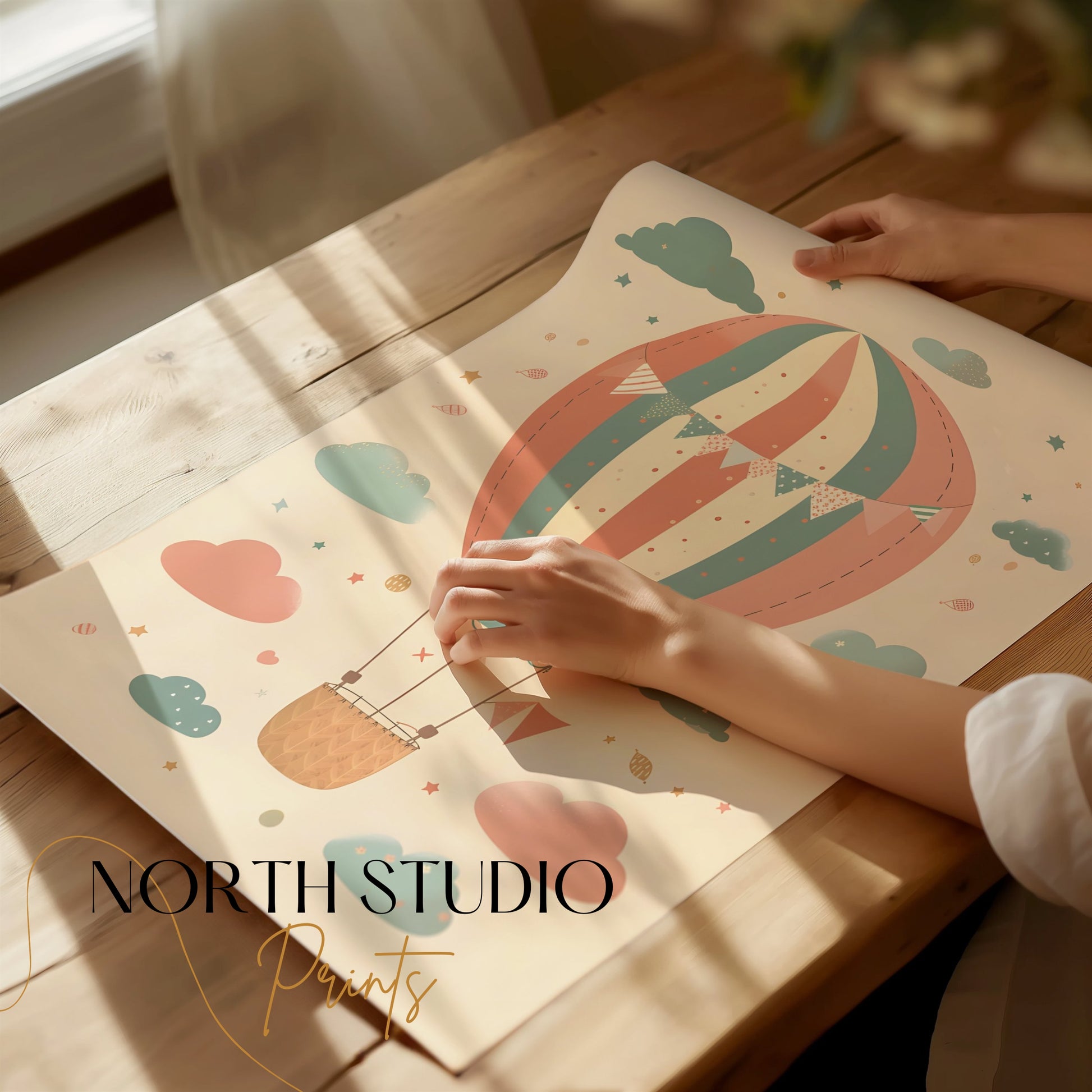 Premium Poster of Whimsical Hot Air Balloon and Clouds Wall Art Posters