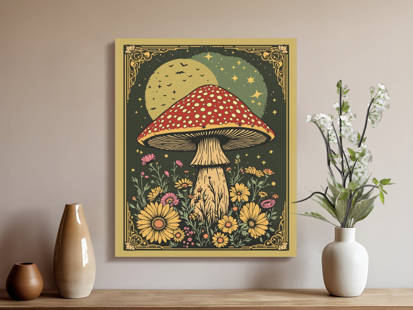 Premium Poster of Whimsical Mushroom Night Scene With Flowers Canvas Wraps
