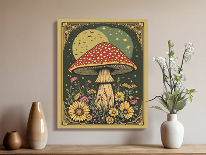 Premium Poster of Whimsical Mushroom Night Scene With Flowers Canvas Wraps
