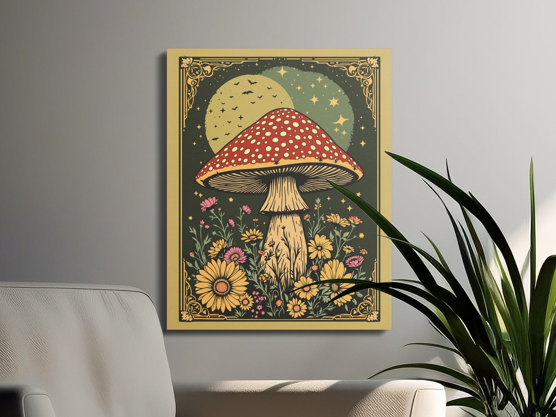 Premium Poster of Whimsical Mushroom Night Scene With Flowers Canvas Wraps