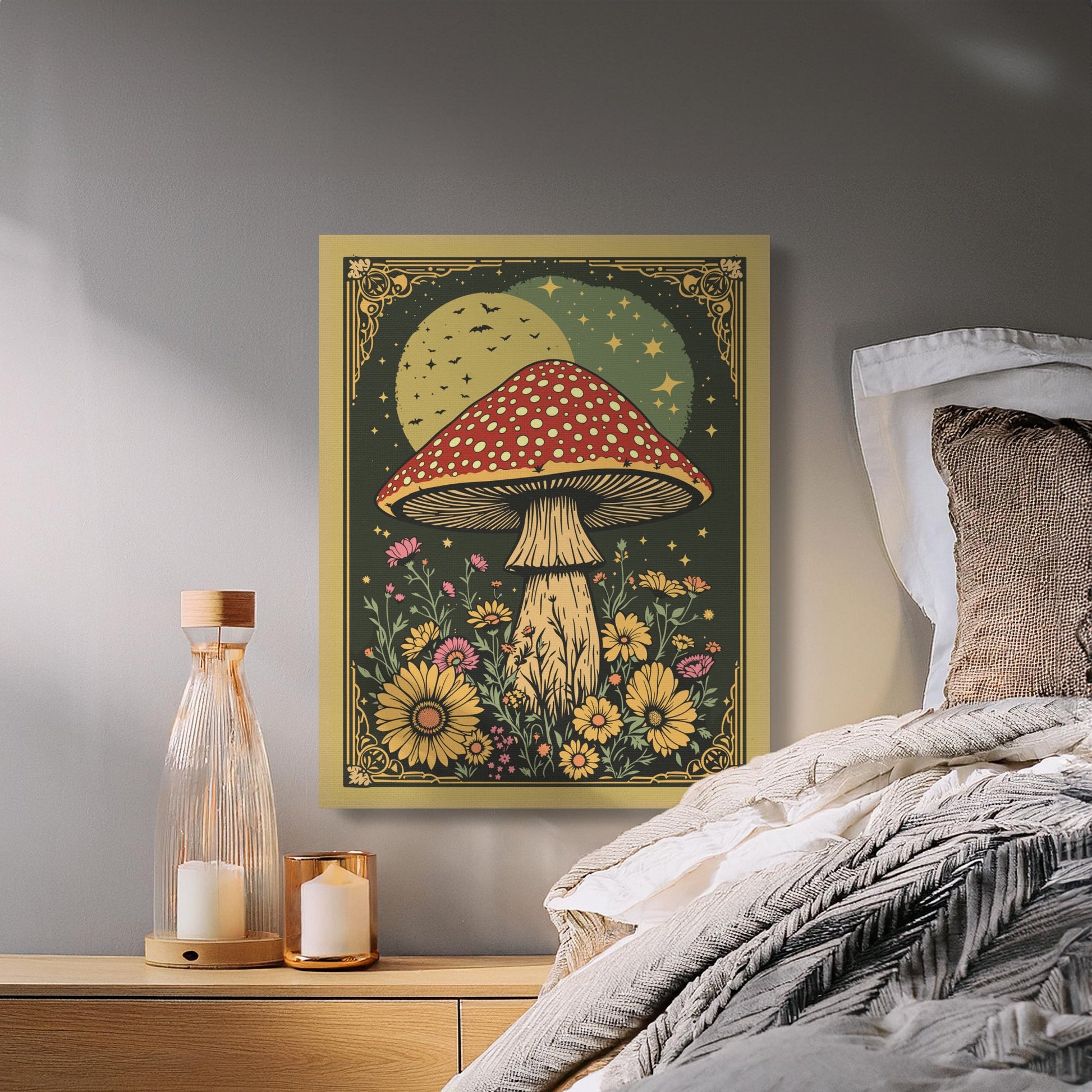 Premium Poster of Whimsical Mushroom Night Scene With Flowers Canvas Wraps