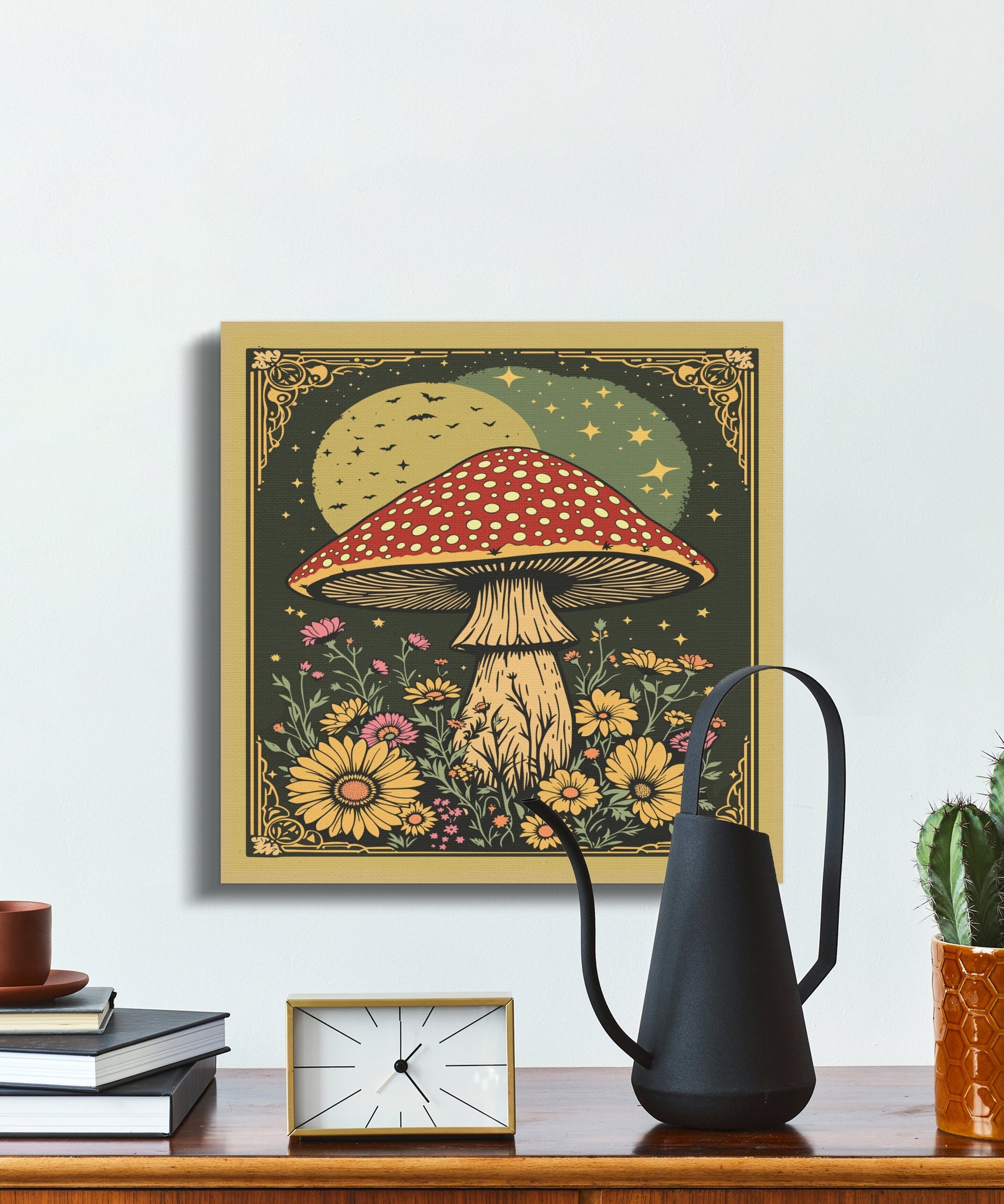 Premium Poster of Whimsical Mushroom Night Scene With Flowers Canvas Wraps