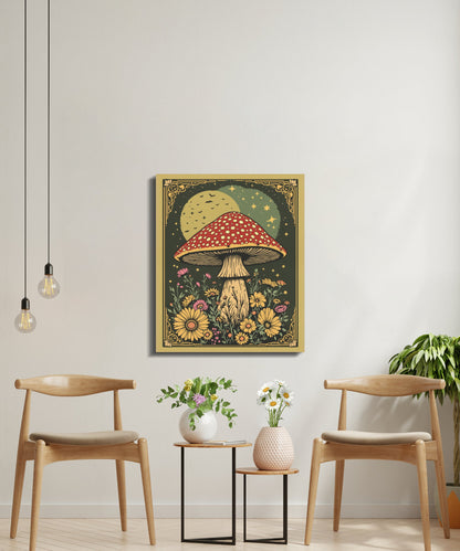 Premium Poster of Whimsical Mushroom Night Scene With Flowers Canvas Wraps