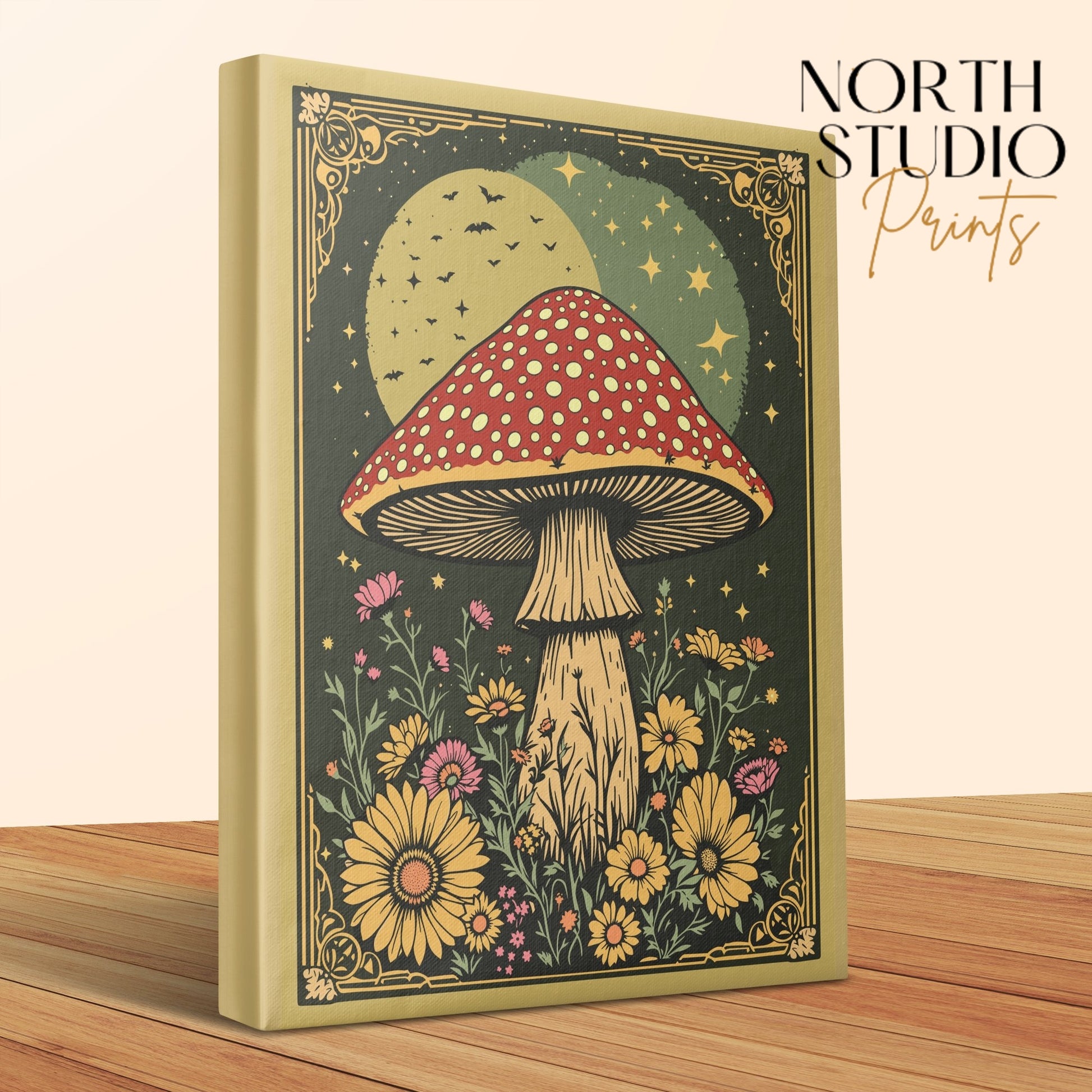 Premium Poster of Whimsical Mushroom Night Scene With Flowers Canvas Wraps