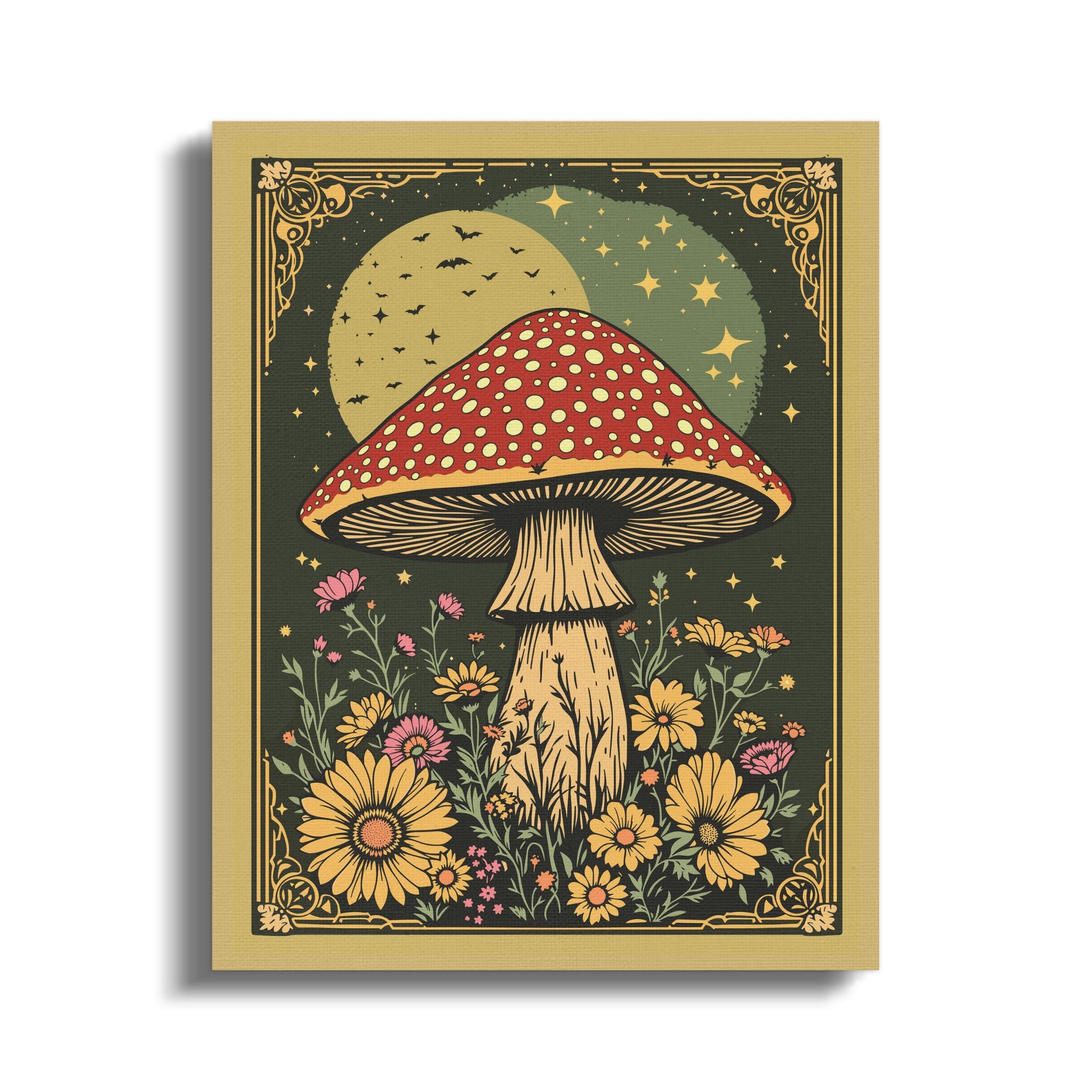Premium Poster of Whimsical Mushroom Night Scene With Flowers Canvas Wraps