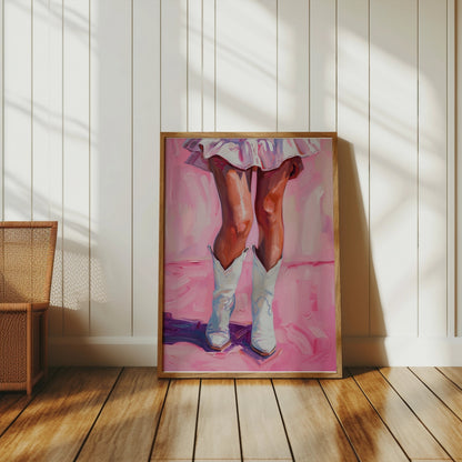 Premium Poster of White Cowboy Boots and Pink Dress Artistic Painting Posters