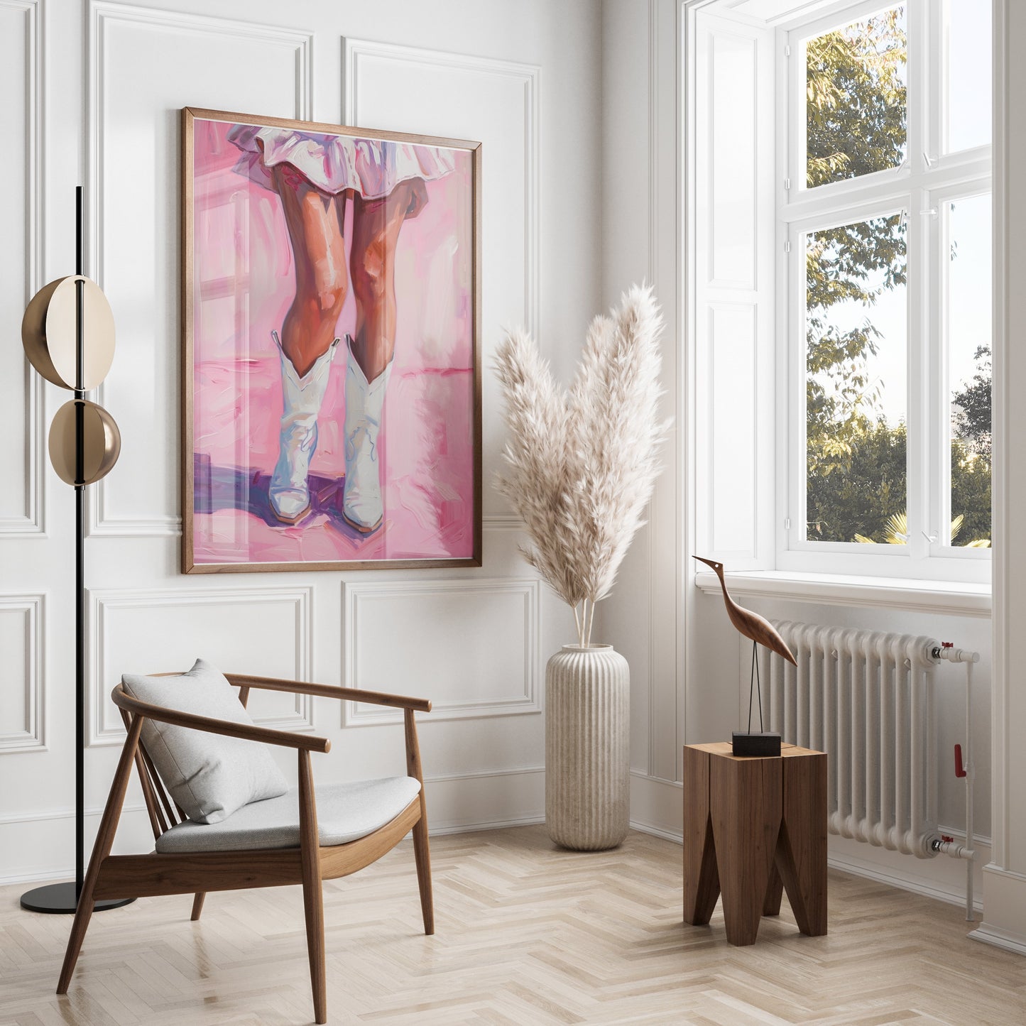 Premium Poster of White Cowboy Boots and Pink Dress Artistic Painting Posters