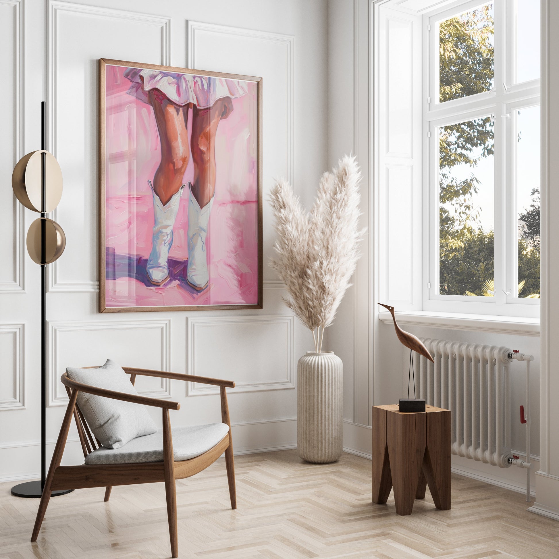 Premium Poster of White Cowboy Boots and Pink Dress Artistic Painting Posters