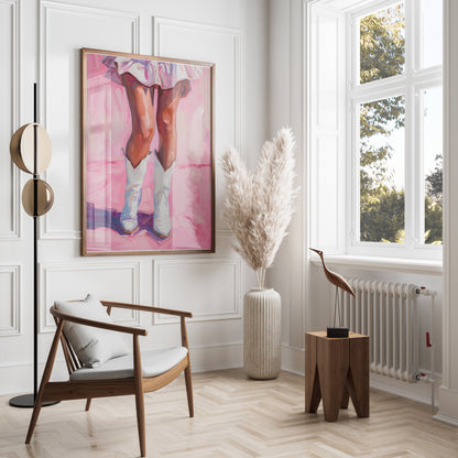 Premium Poster of White Cowboy Boots and Pink Dress Artistic Painting Posters