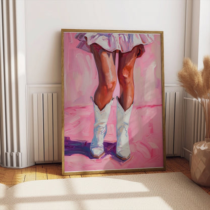 Premium Poster of White Cowboy Boots and Pink Dress Artistic Painting Posters