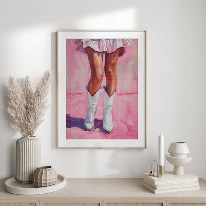 Premium Poster of White Cowboy Boots and Pink Dress Artistic Painting Posters