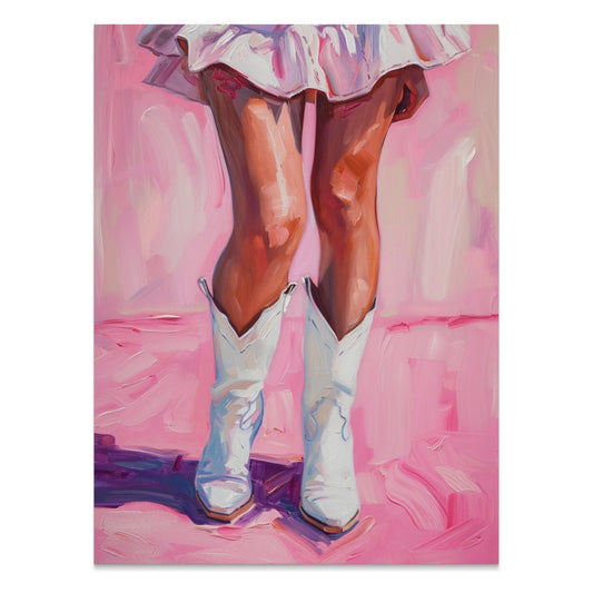 Premium Poster of White Cowboy Boots and Pink Dress Artistic Painting Posters