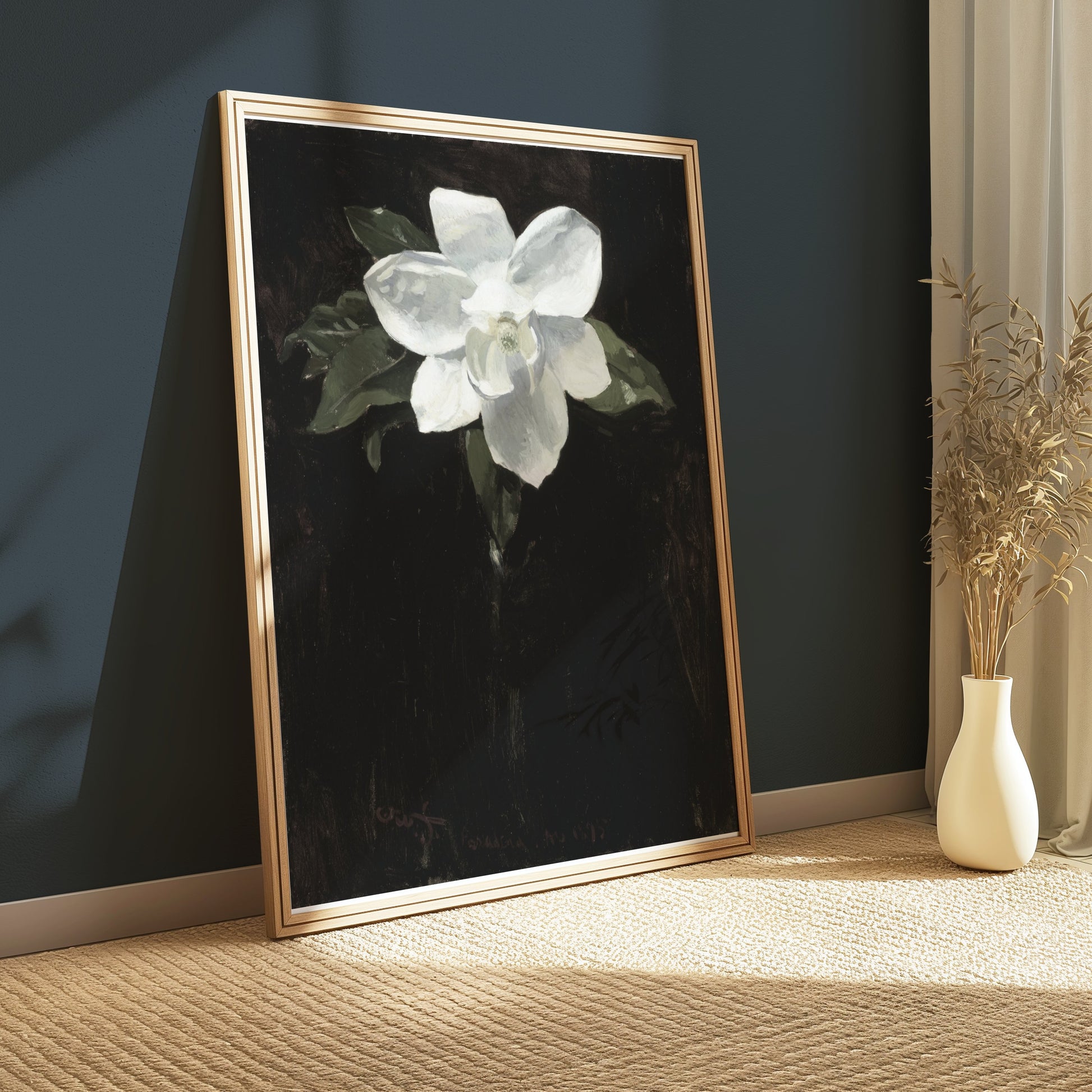 Premium Poster of White Magnolia Flower Against Black Background Posters