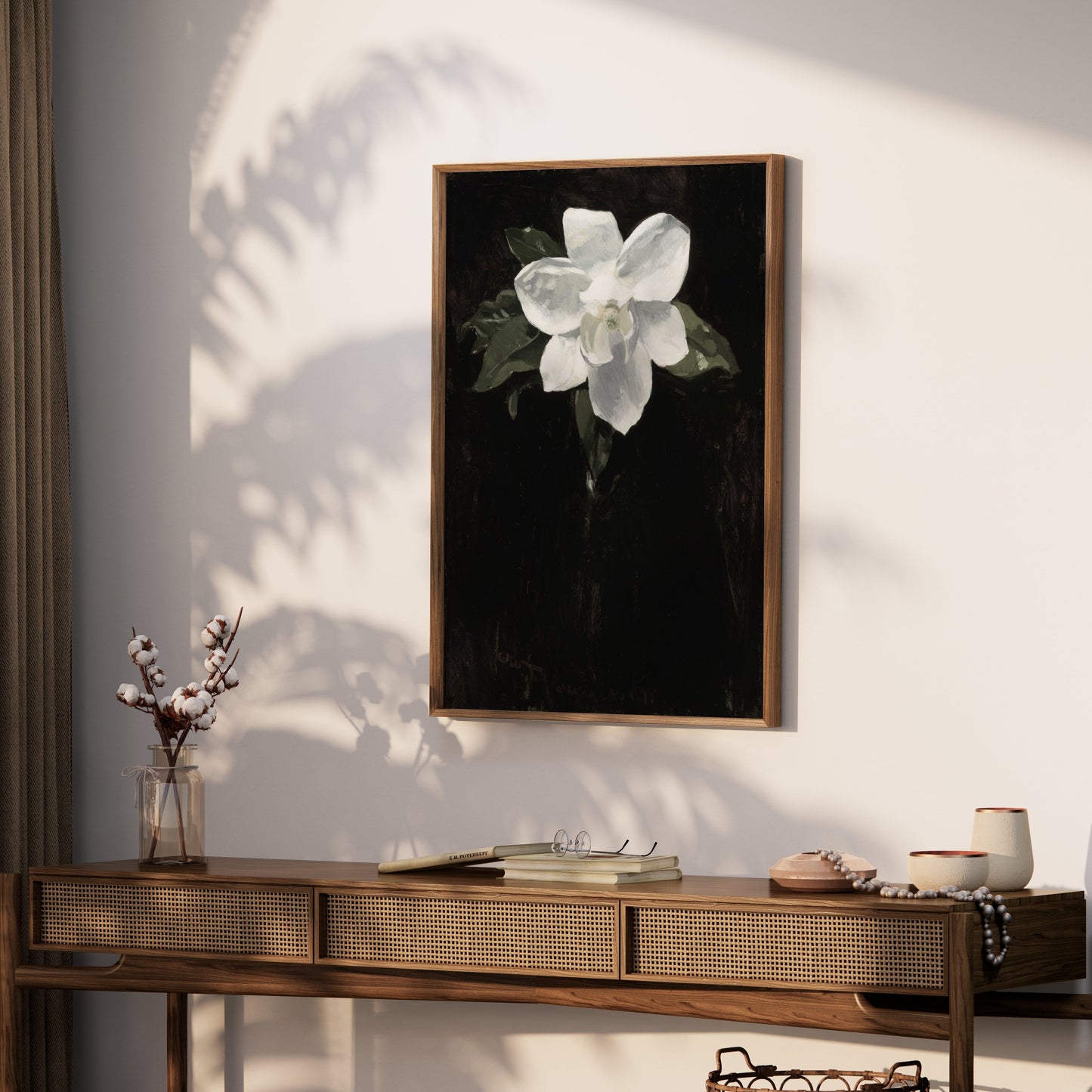Premium Poster of White Magnolia Flower Against Black Background Posters