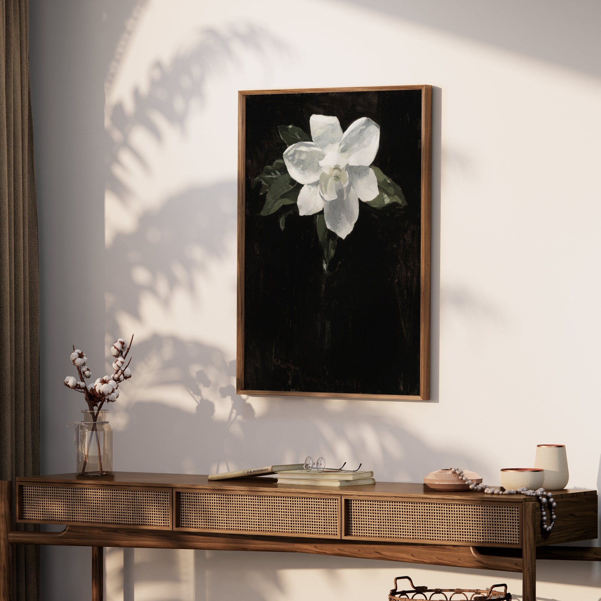 Premium Poster of White Magnolia Flower Against Black Background Posters
