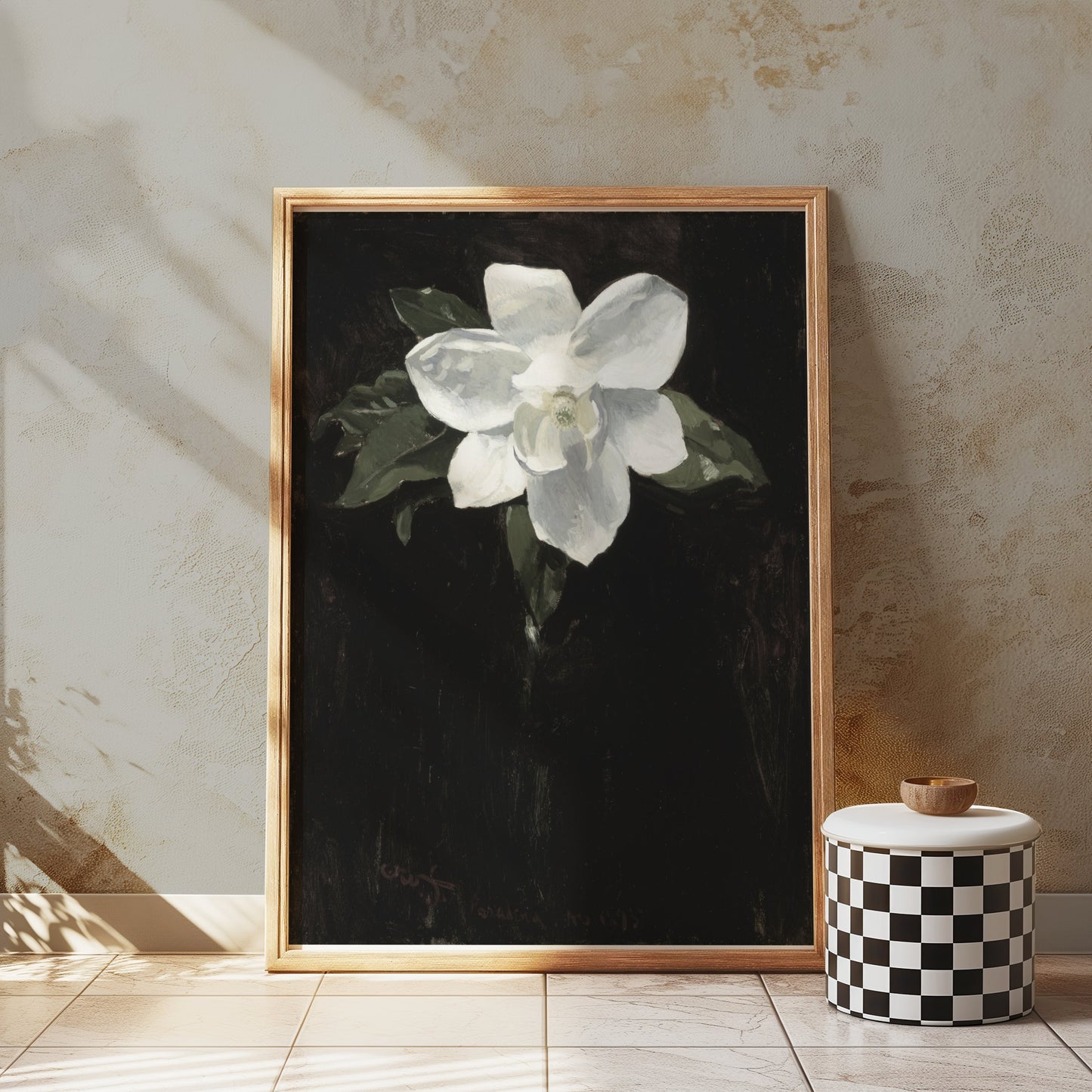 Premium Poster of White Magnolia Flower Against Black Background Posters