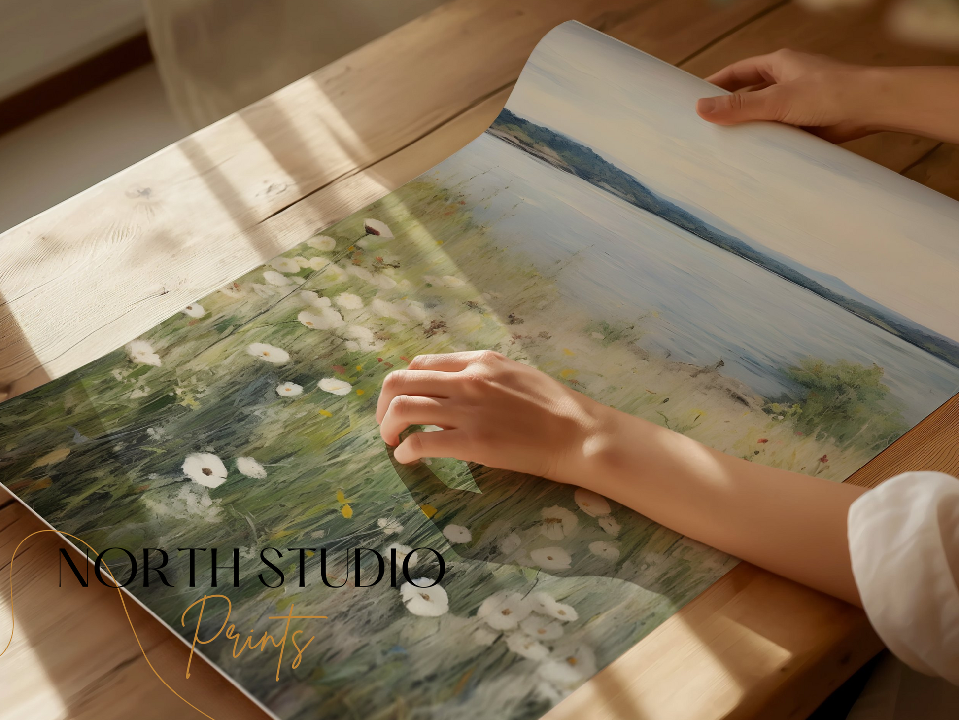 Premium Poster of Wildflower Meadow by a Serene Lakeside View Posters