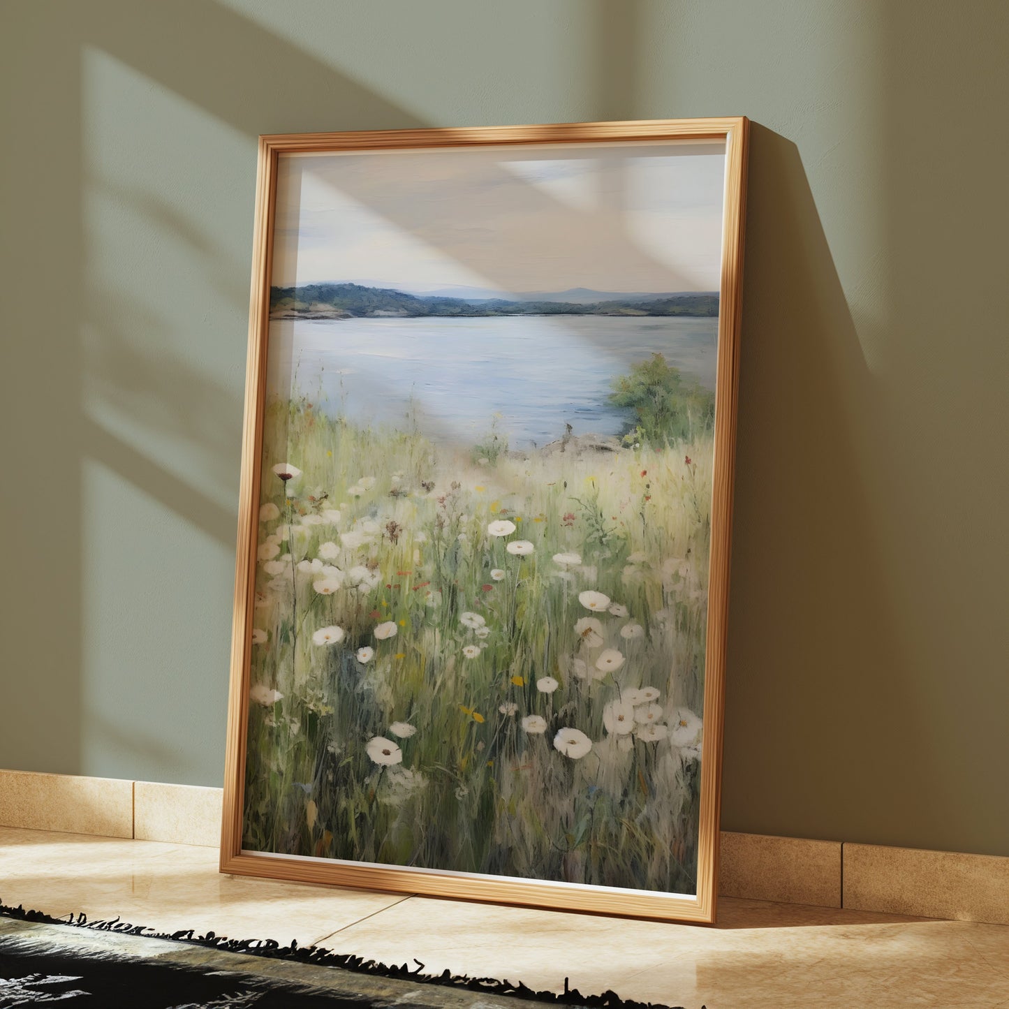 Premium Poster of Wildflower Meadow by a Serene Lakeside View Posters