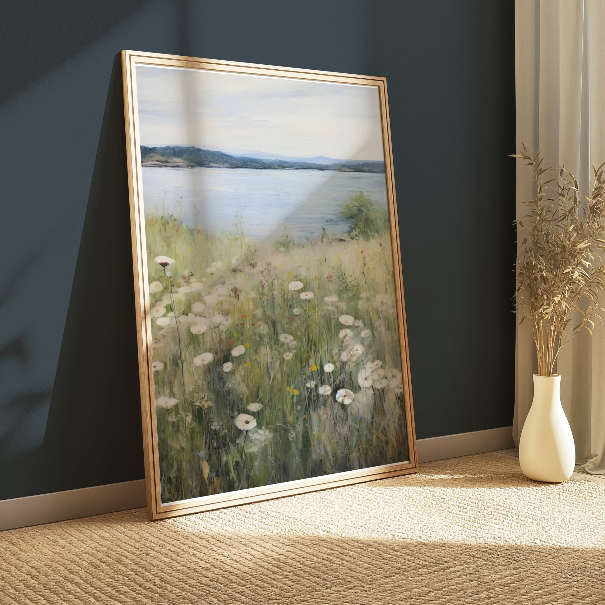 Premium Poster of Wildflower Meadow by a Serene Lakeside View Posters