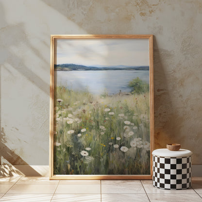Premium Poster of Wildflower Meadow by a Serene Lakeside View Posters