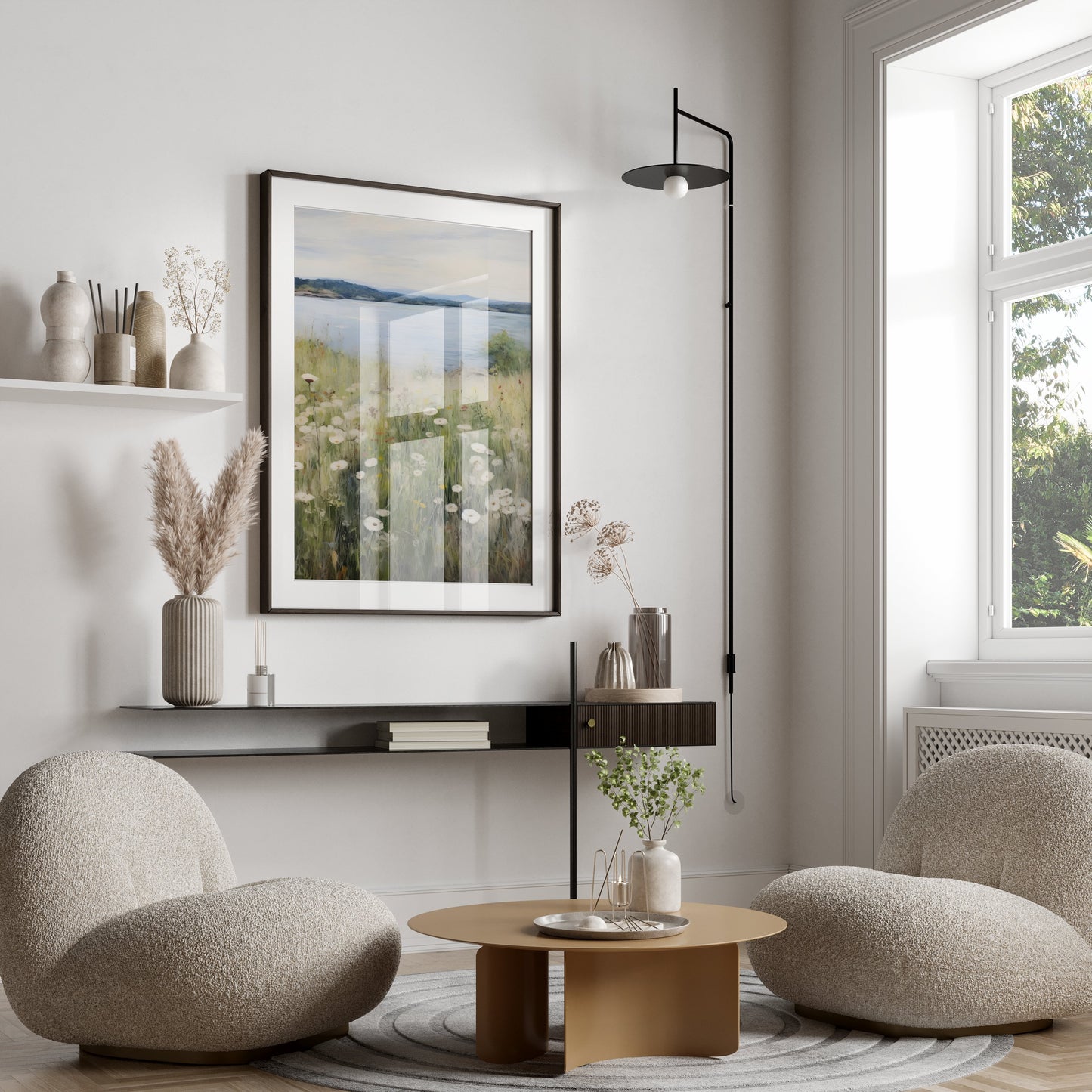 Premium Poster of Wildflower Meadow by a Serene Lakeside View Posters