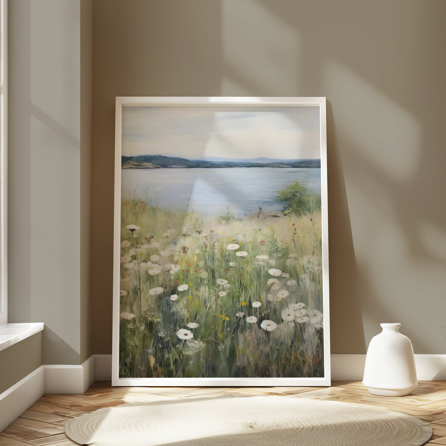 Premium Poster of Wildflower Meadow by a Serene Lakeside View Posters
