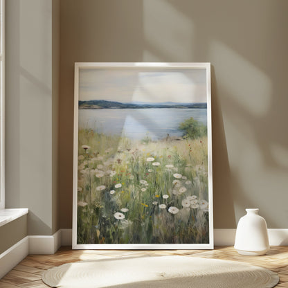 Premium Poster of Wildflower Meadow by a Serene Lakeside View Posters