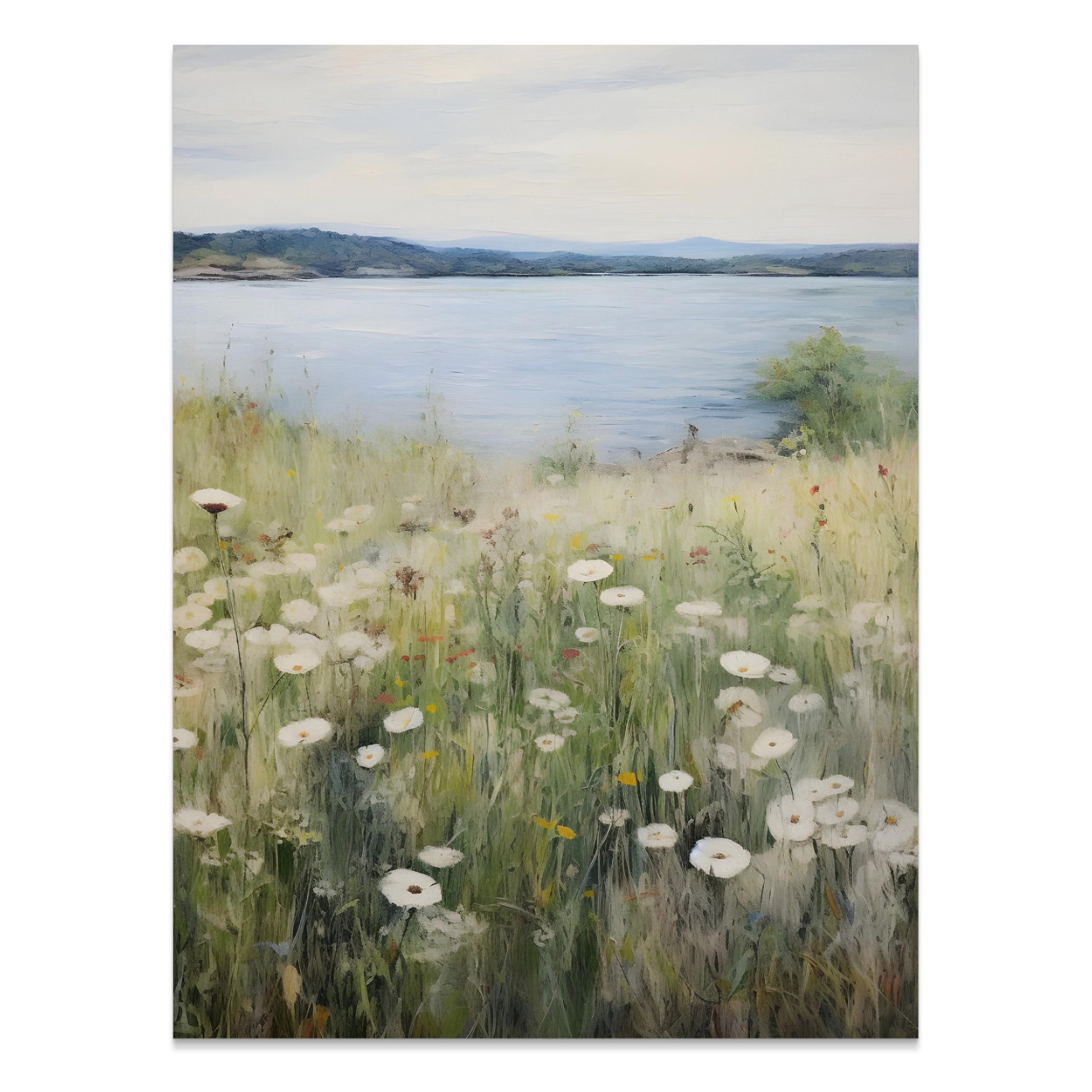 Premium Poster of Wildflower Meadow by a Serene Lakeside View Posters