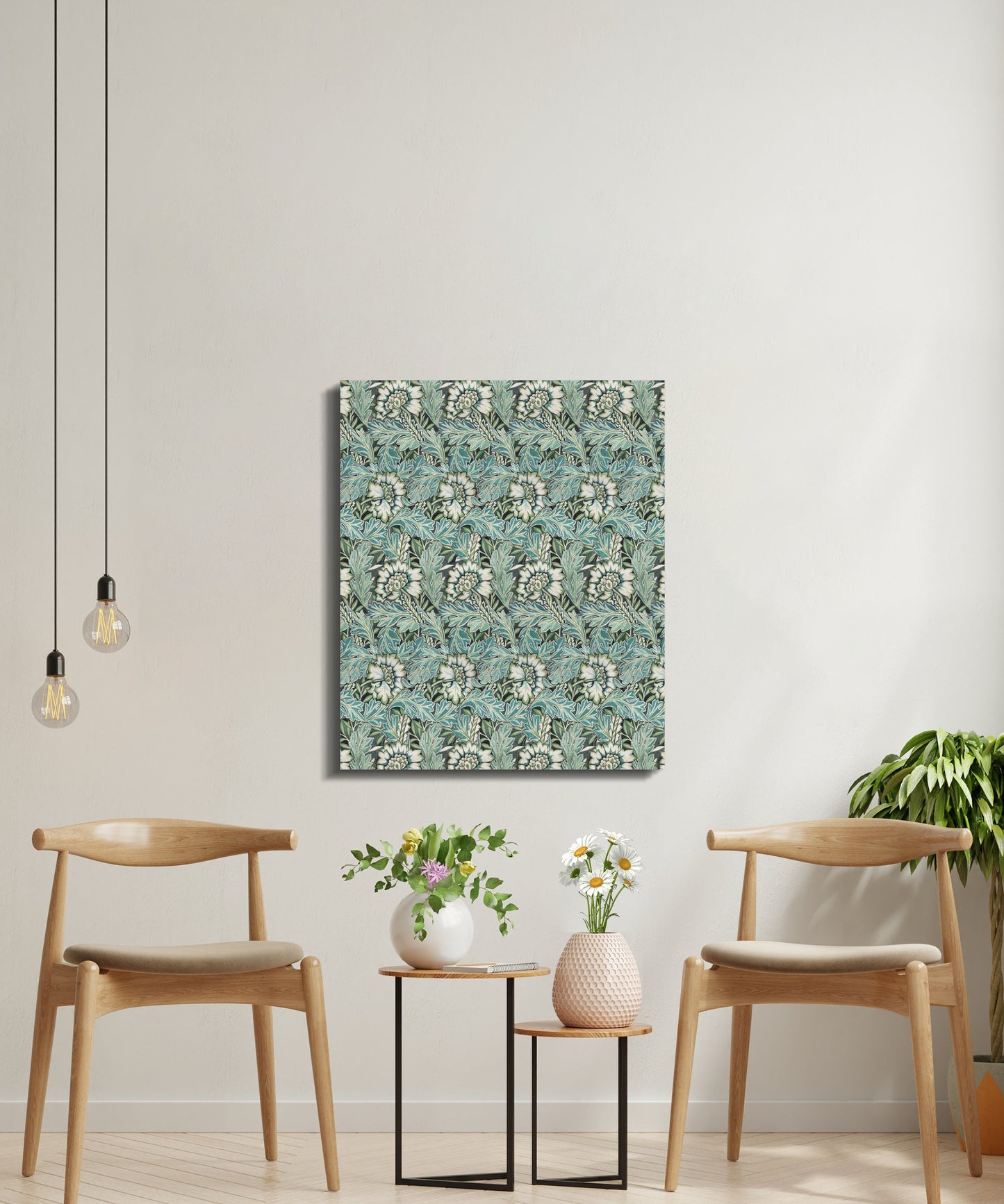 William Morris floral canvas wrap displayed in a modern living room with wooden chairs and plants, adding a touch of classic botanical art.
