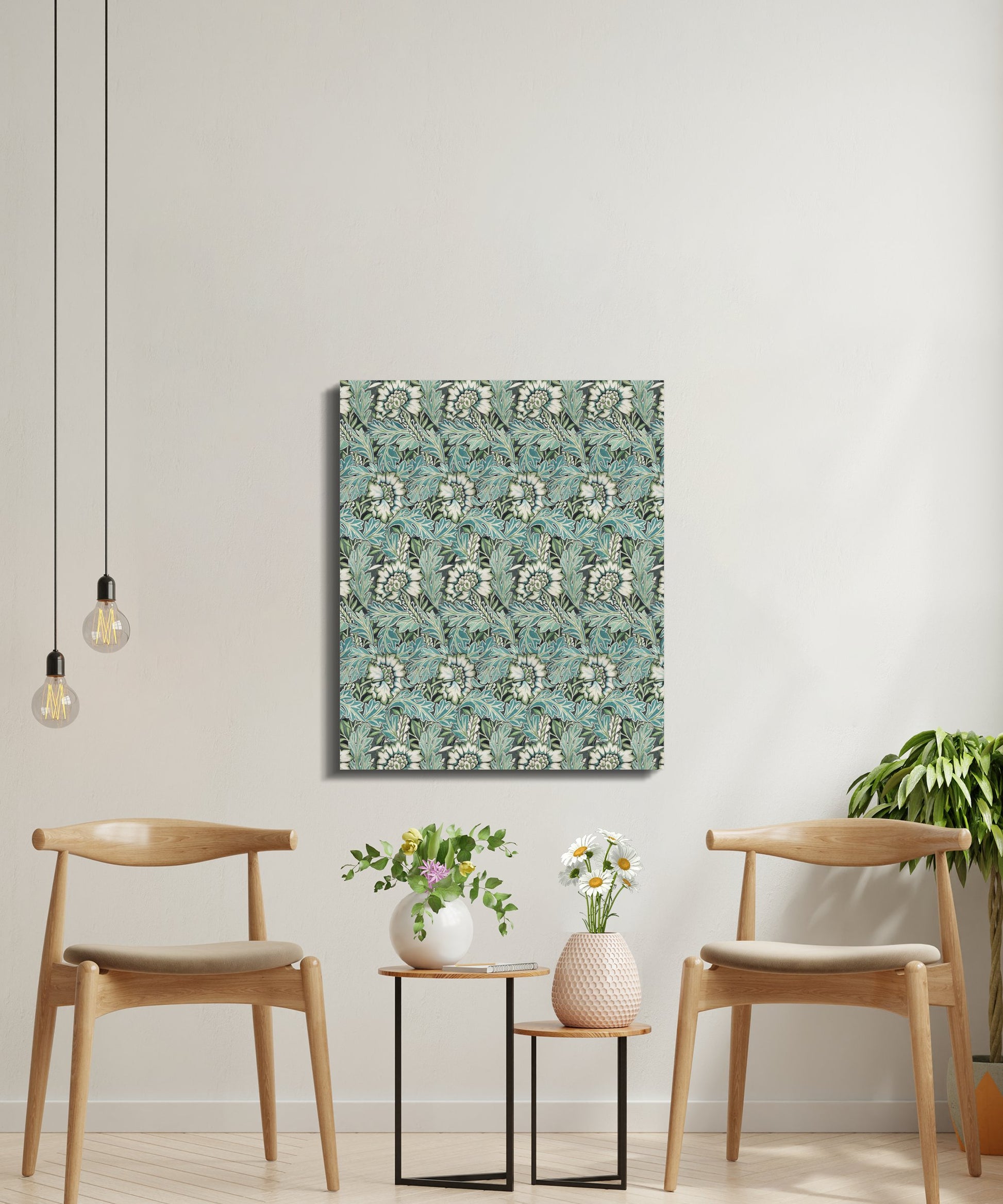 William Morris floral canvas wrap displayed in a modern living room with wooden chairs and plants, adding a touch of classic botanical art.