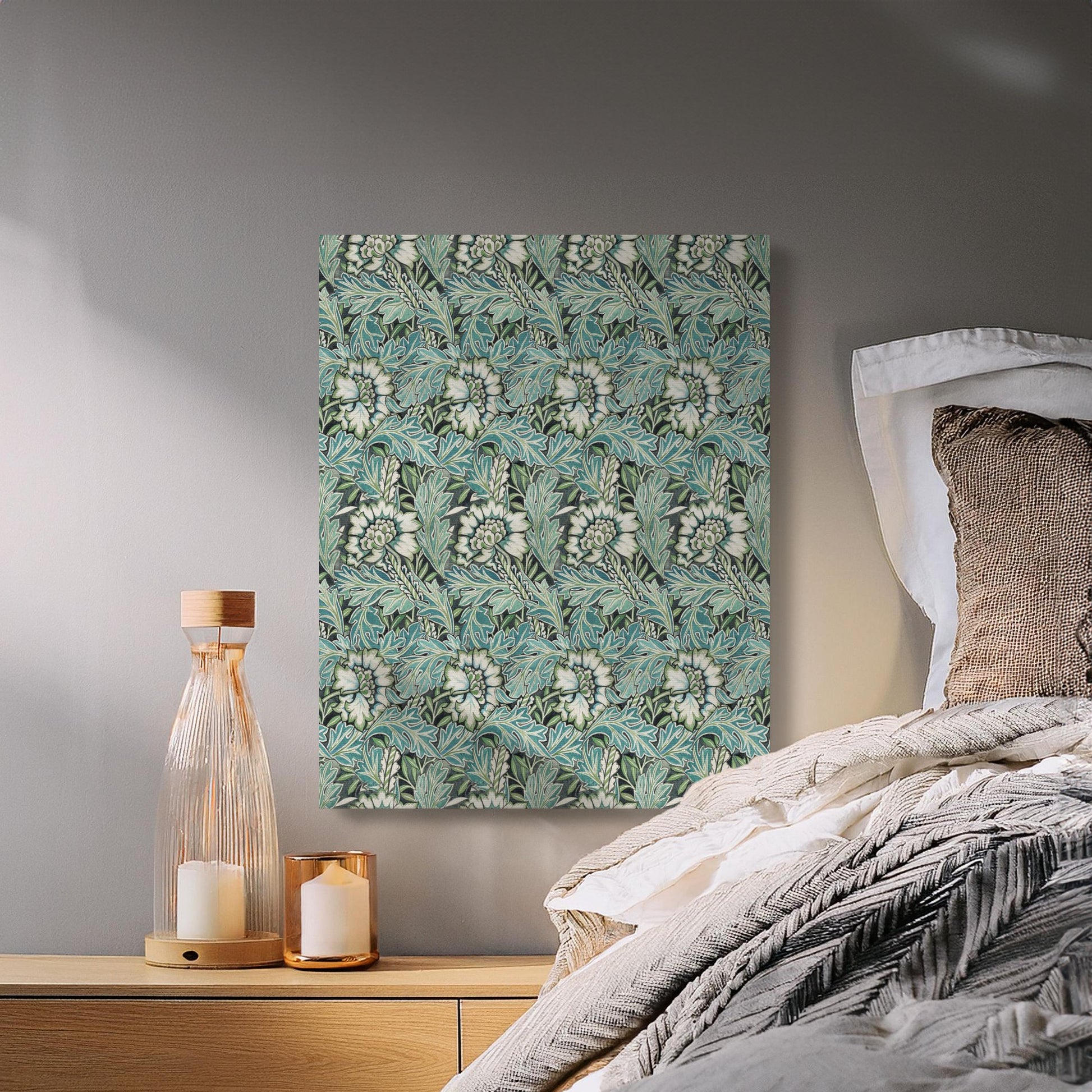 William Morris floral design canvas wrap hung above a cozy bedroom nightstand, complementing neutral bedding and decor.