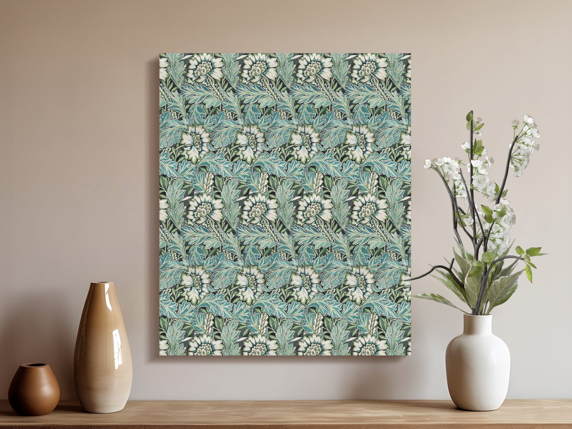 William Morris floral design canvas wrap styled on a wooden console table with vases and flowers, enhancing a vintage aesthetic.