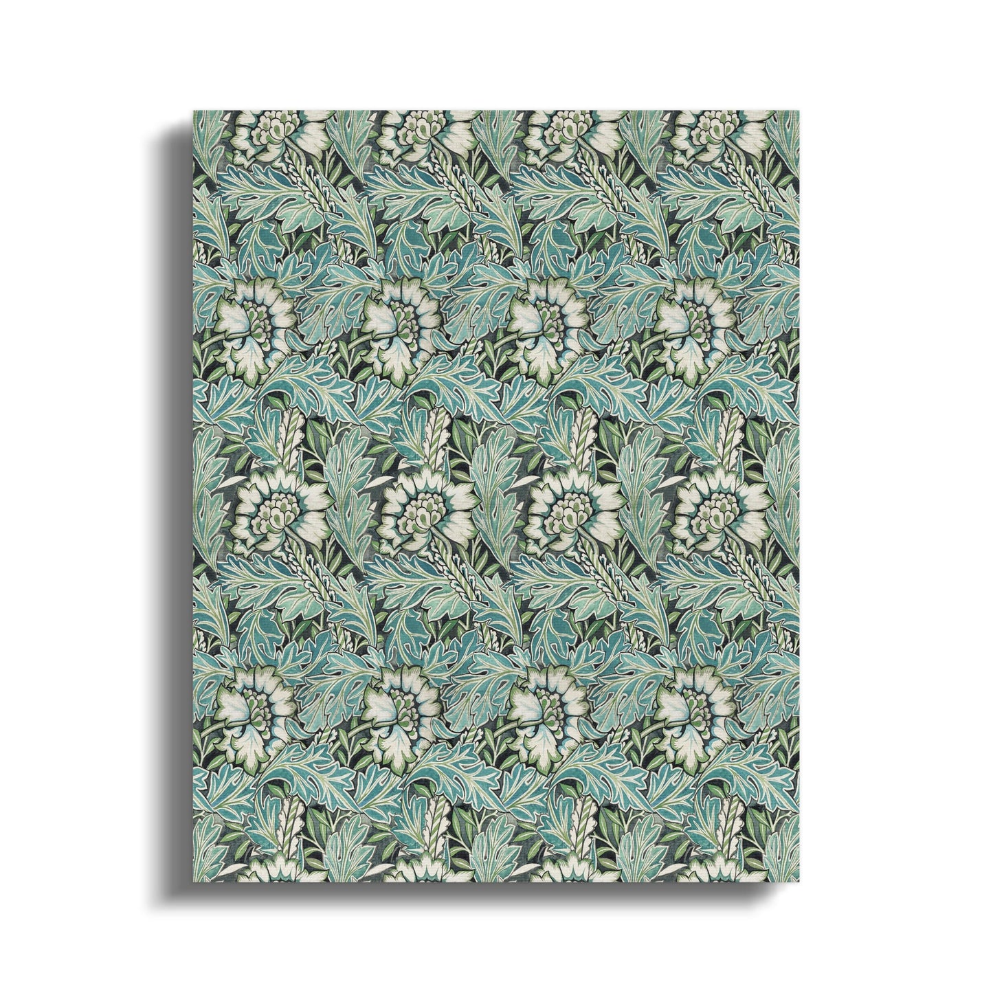 William Morris floral design canvas wrap featuring intricate green leaves and white flowers, perfect for vintage-inspired home decor.