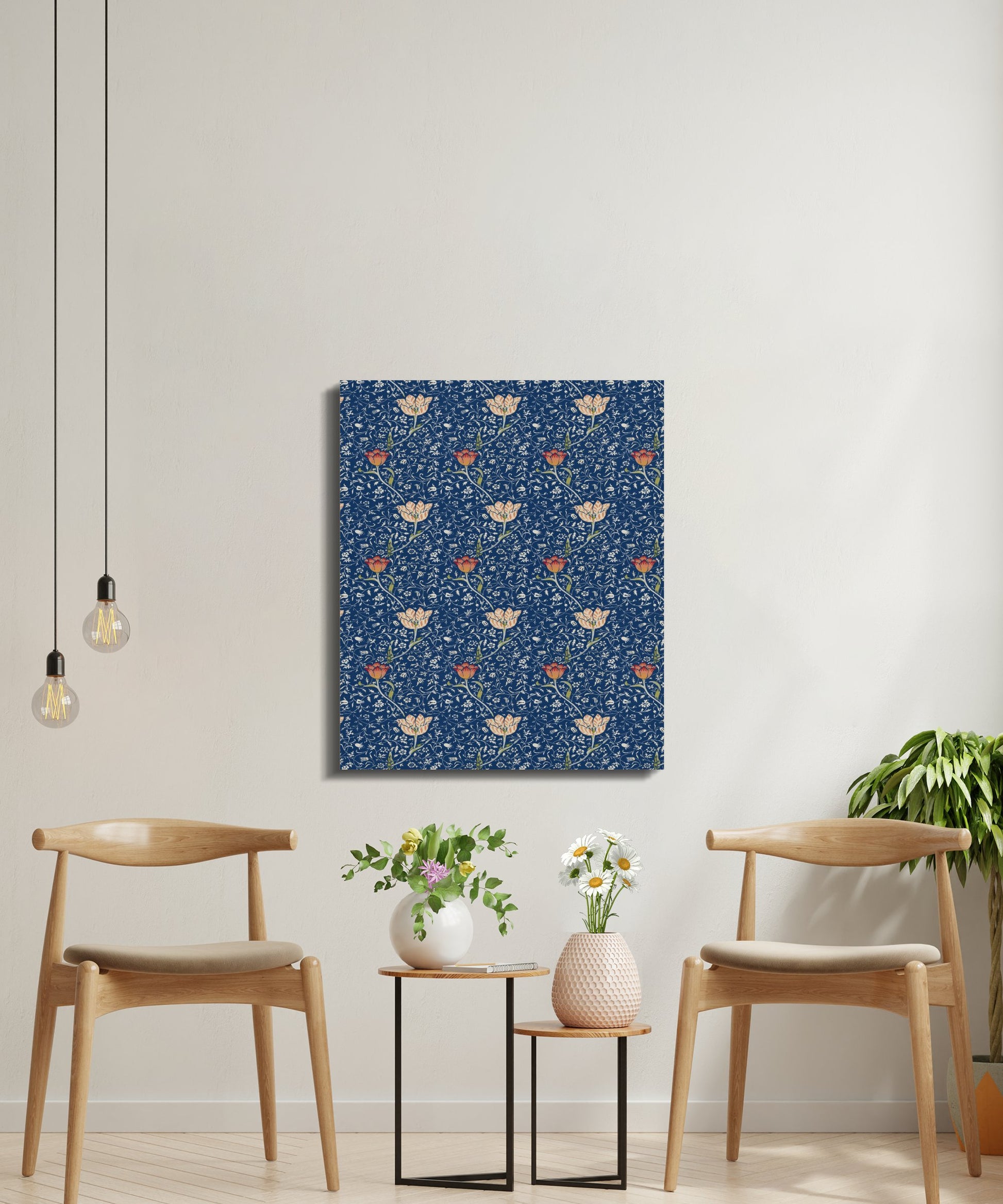William Morris floral canvas wrap in a minimalist dining area, featuring wooden chairs and potted plants for a vintage yet modern aesthetic.
