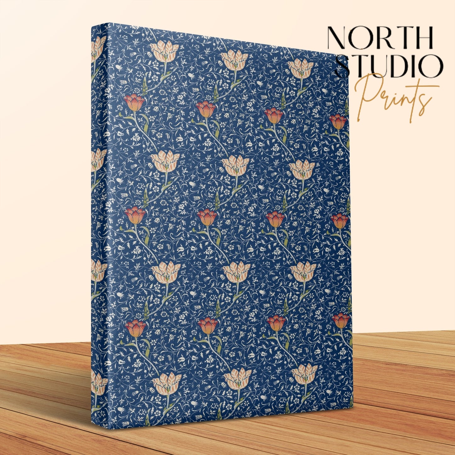 Close-up of William Morris floral pattern canvas wrap with blue and orange botanical design, showcasing premium craftsmanship by North Studio Prints.