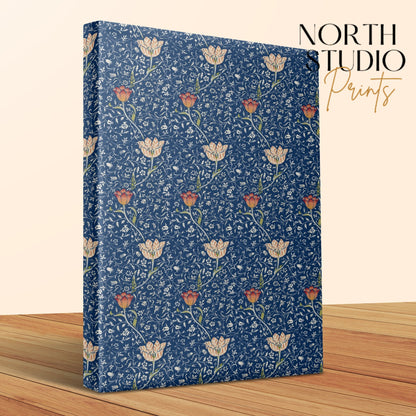 Close-up of William Morris floral pattern canvas wrap with blue and orange botanical design, showcasing premium craftsmanship by North Studio Prints.